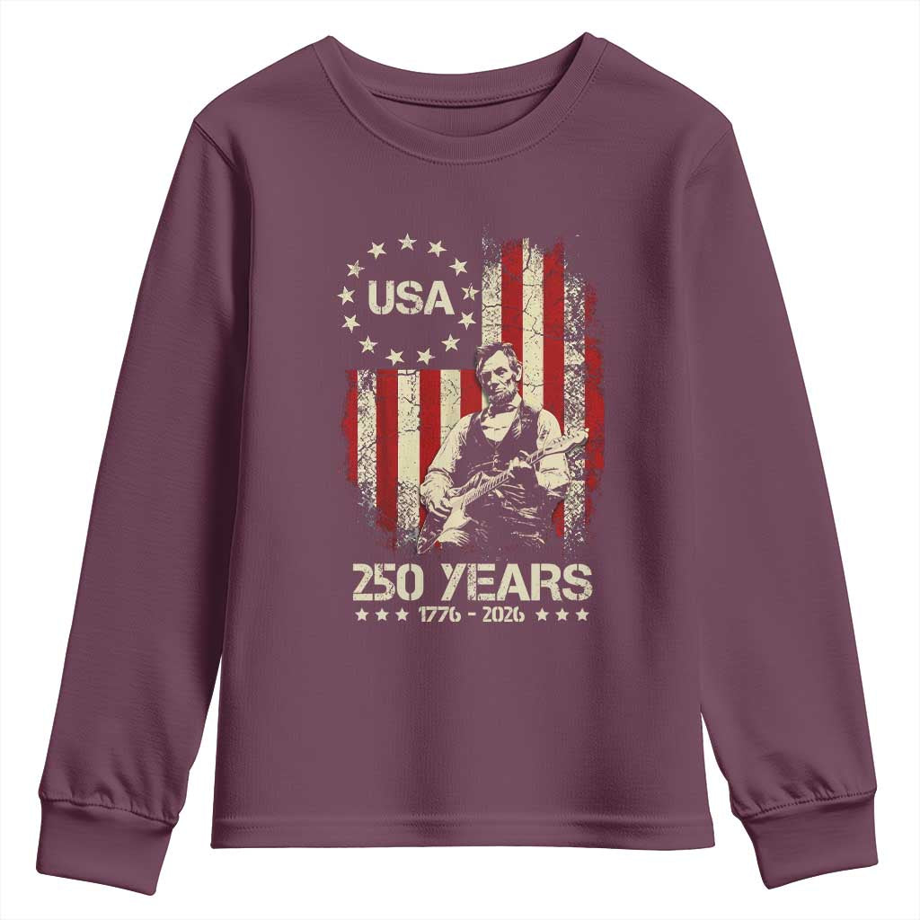 America's 250th Abraham Lincoln Playing Guitar Youth Sweatshirt TS14 Maroon Print Your Wear