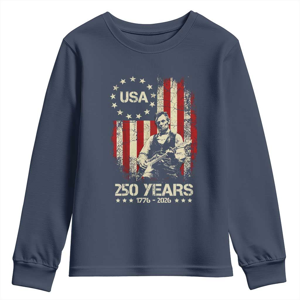 America's 250th Abraham Lincoln Playing Guitar Youth Sweatshirt TS14 Navy Print Your Wear