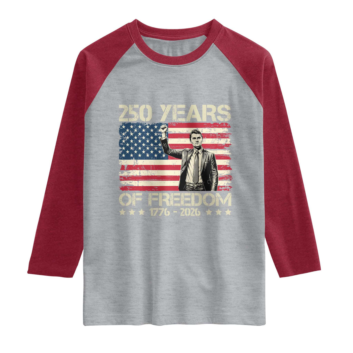 America 250 Years Raglan Shirt Charlie Kirk American Flag Freedom TS14 Heather Gray Heather Red Print Your Wear