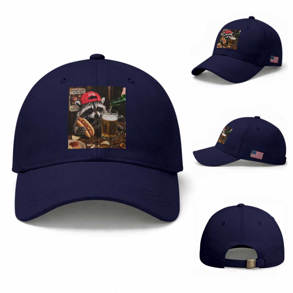 Patriotic USA Raccoon Drinking Beer Baseball Cap 4th of July Meme