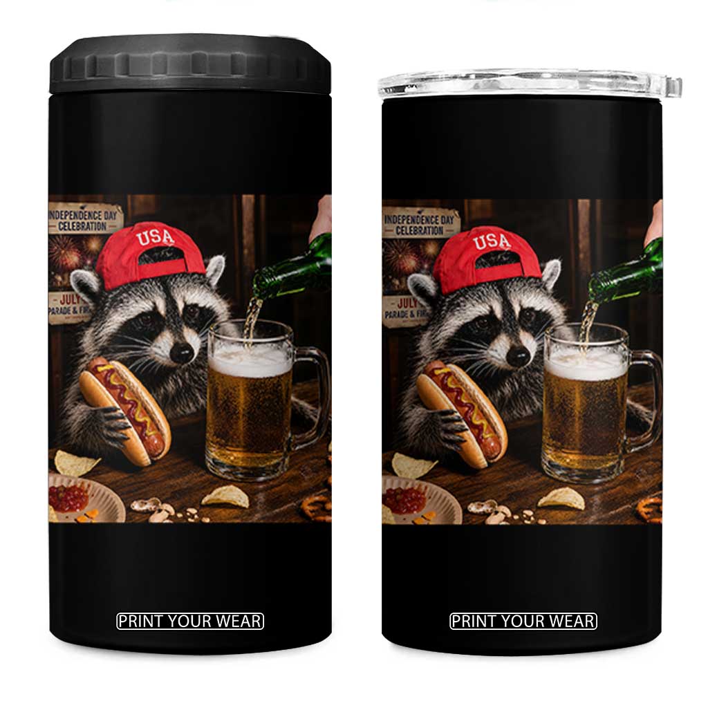 Patriotic USA Raccoon Drinking Beer 4 in 1 Can Cooler Tumbler 4th of July Meme