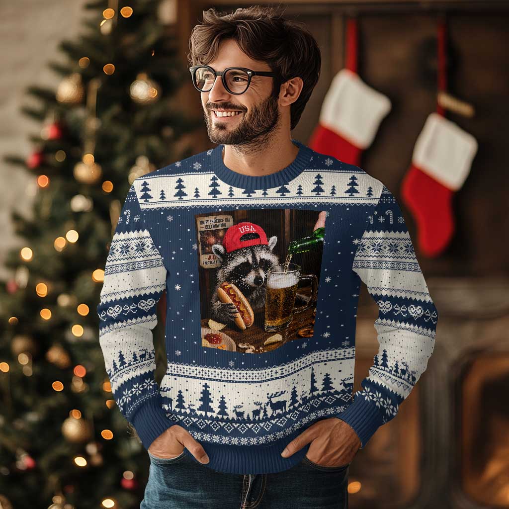 Patriotic USA Raccoon Drinking Beer Ugly Christmas Sweater 4th of July Meme