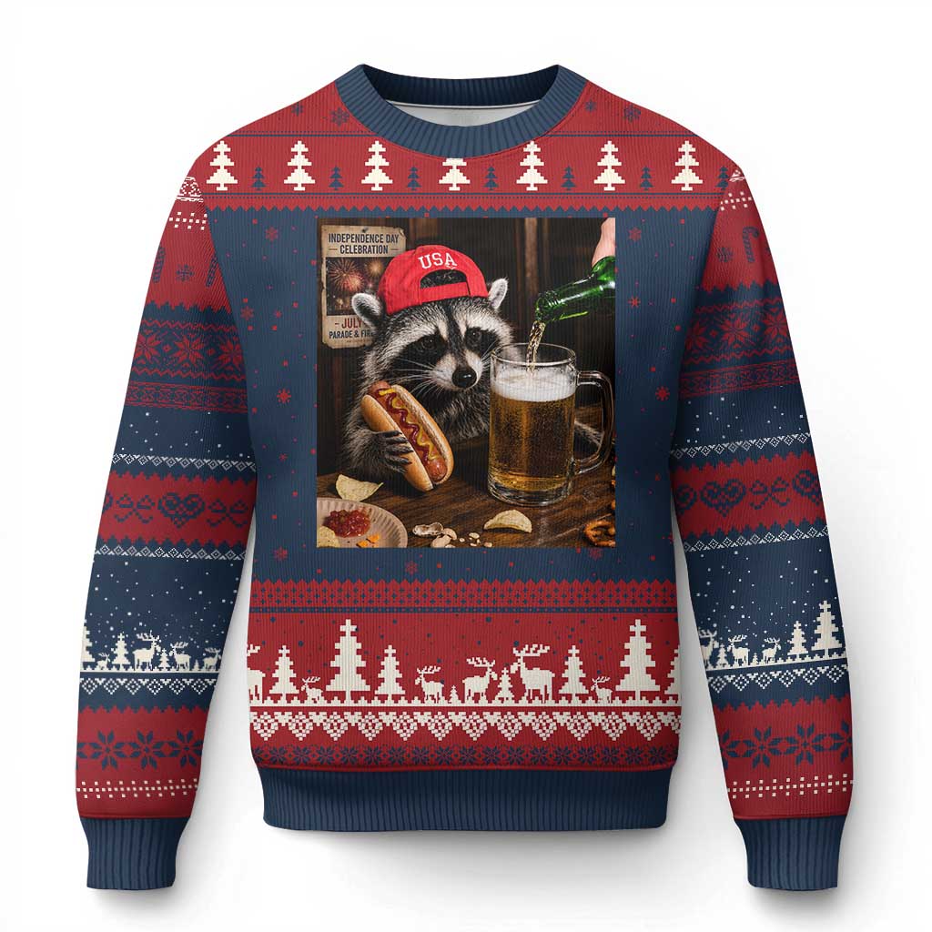 Patriotic USA Raccoon Drinking Beer Ugly Christmas Sweater 4th of July Meme