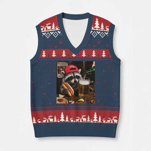 Patriotic USA Raccoon Drinking Beer V-Neck Knit Sweater Vest 4th of July Meme