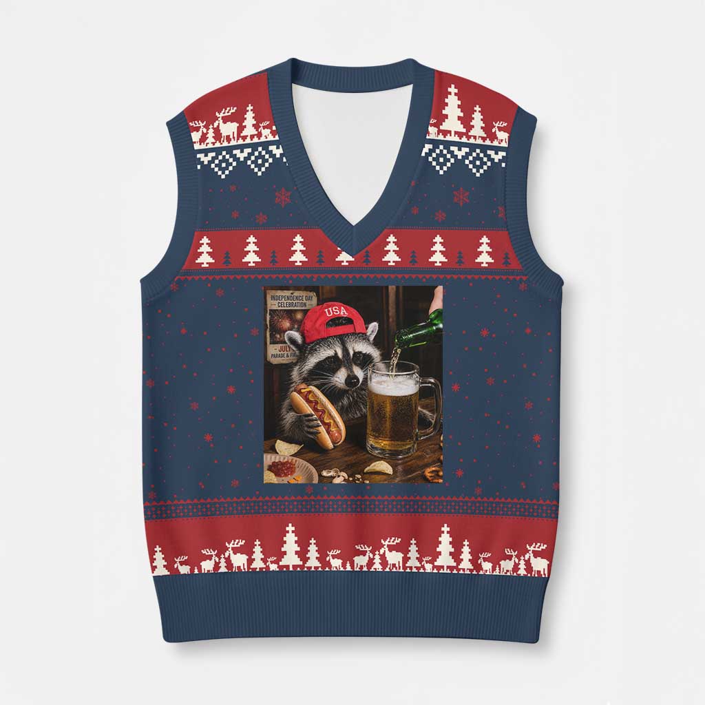 Patriotic USA Raccoon Drinking Beer V-Neck Knit Sweater Vest 4th of July Meme TS14 Navy Red Print Your Wear