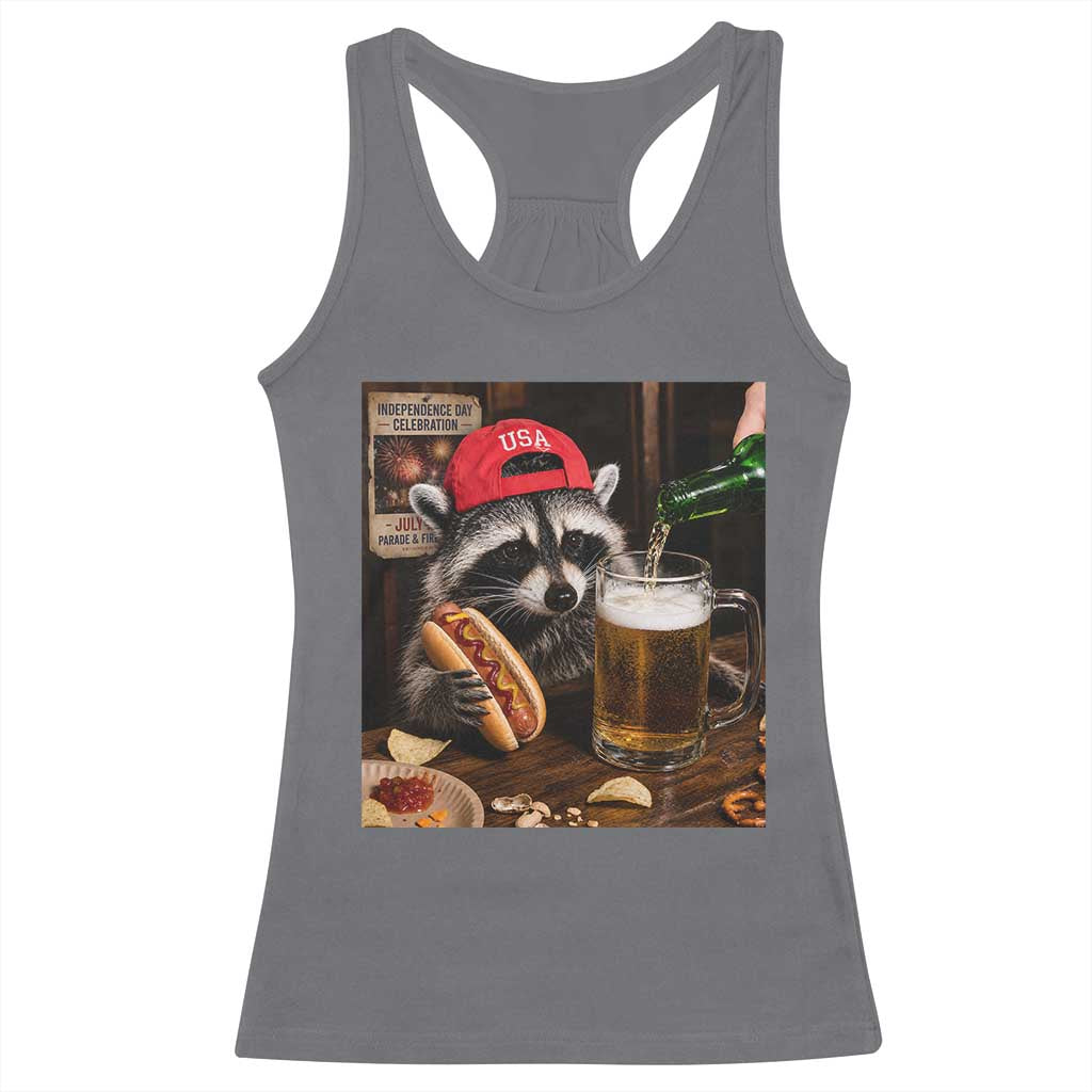 Patriotic USA Raccoon Drinking Beer Racerback Tank Top 4th of July Meme
