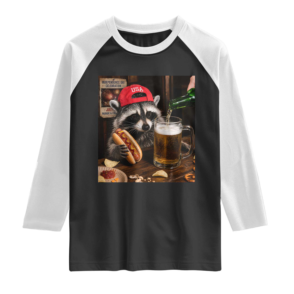 Patriotic USA Raccoon Drinking Beer Raglan Shirt 4th of July Meme