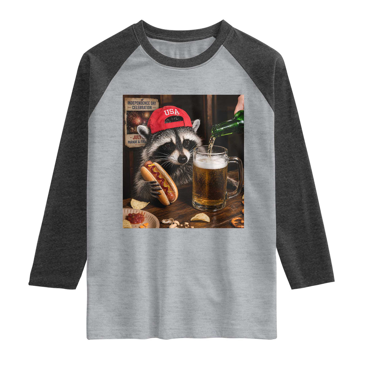 Patriotic USA Raccoon Drinking Beer Raglan Shirt 4th of July Meme