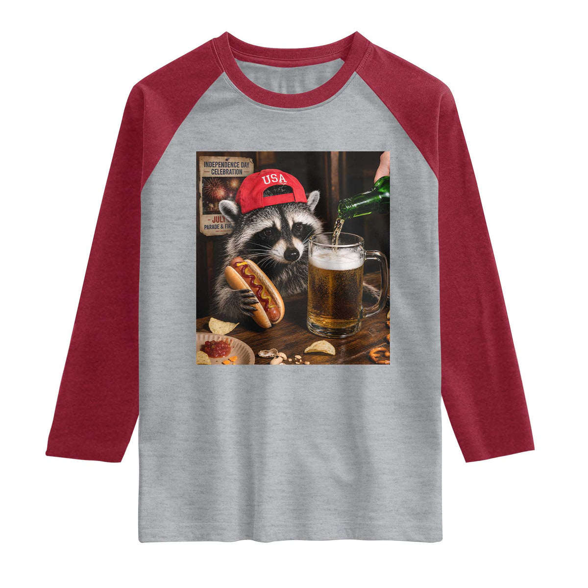Patriotic USA Raccoon Drinking Beer Raglan Shirt 4th of July Meme