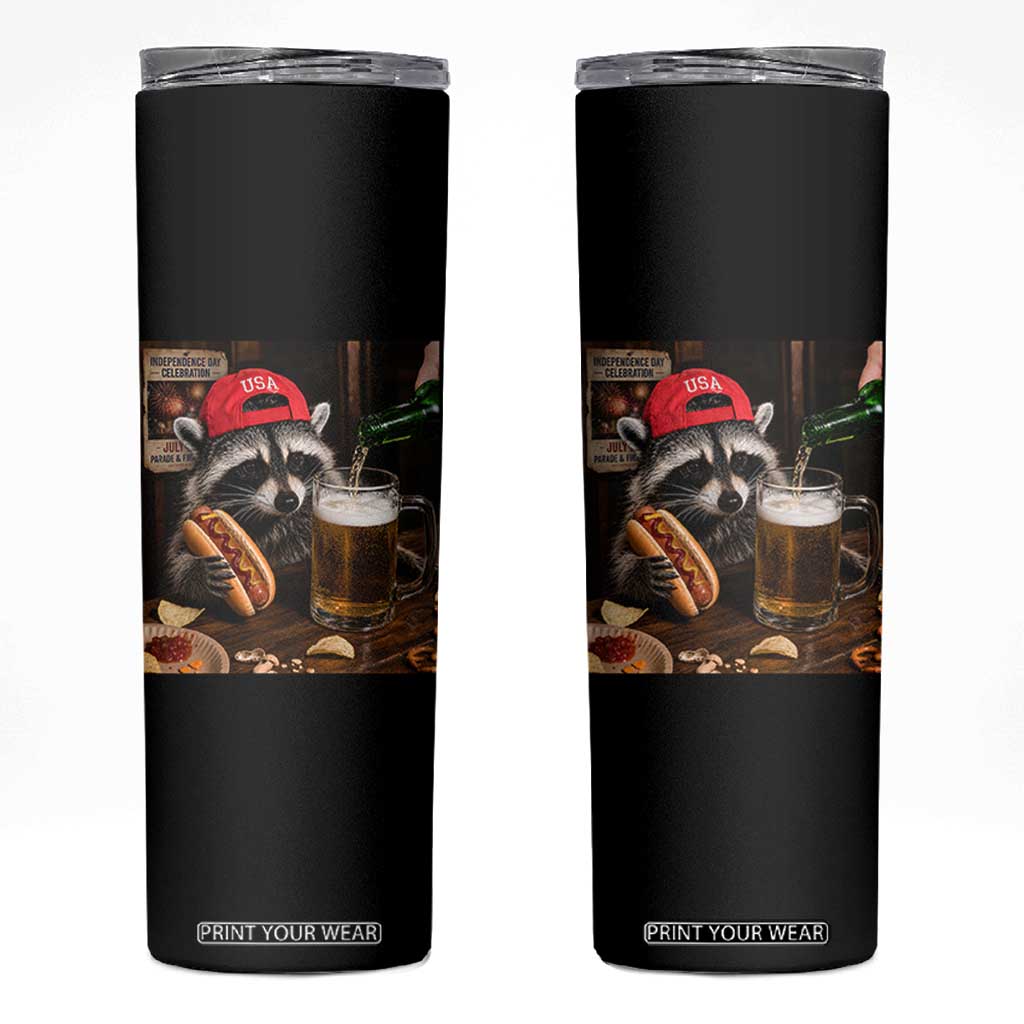 Patriotic USA Raccoon Drinking Beer Skinny Tumbler 4th of July Meme