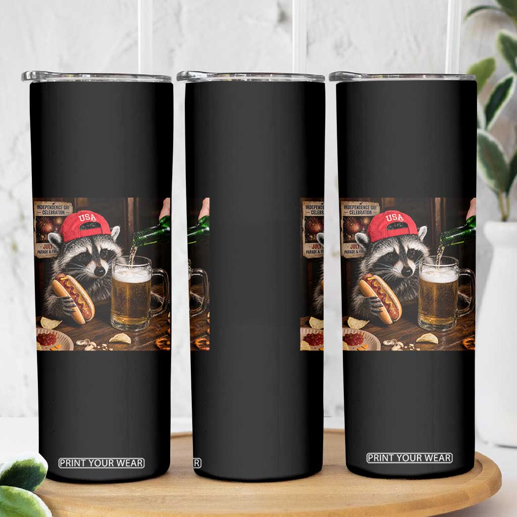 Patriotic USA Raccoon Drinking Beer Skinny Tumbler 4th of July Meme