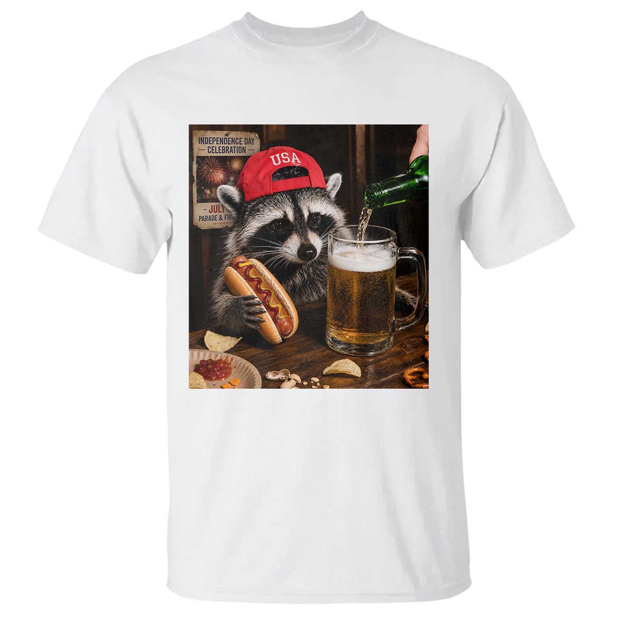 Patriotic USA Raccoon Drinking Beer T Shirt 4th of July Meme