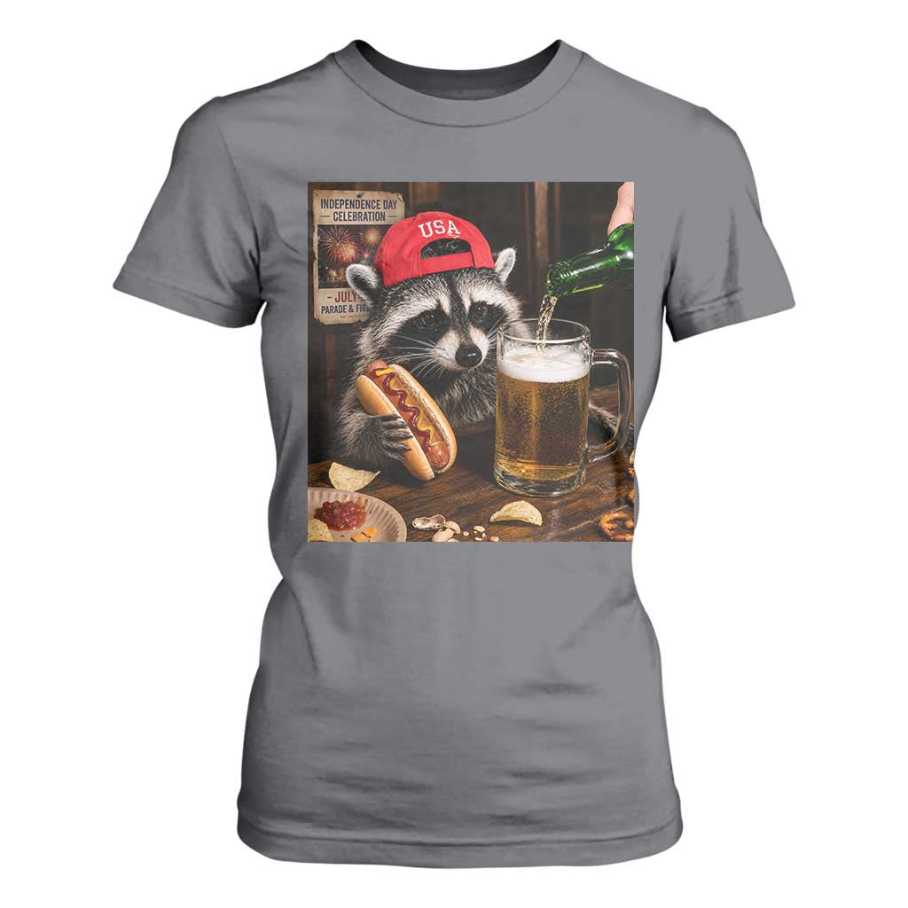 Patriotic USA Raccoon Drinking Beer T Shirt For Women 4th of July Meme