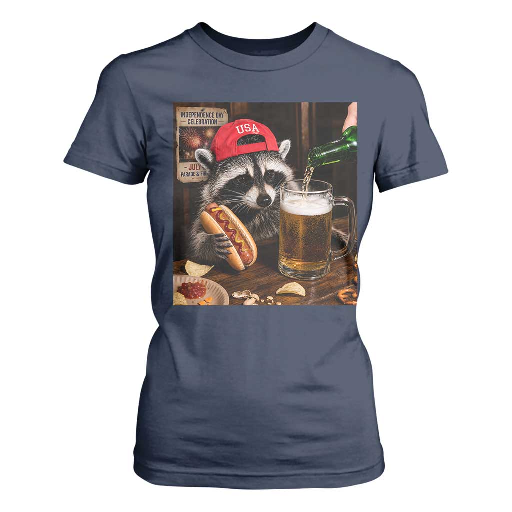 Patriotic USA Raccoon Drinking Beer T Shirt For Women 4th of July Meme