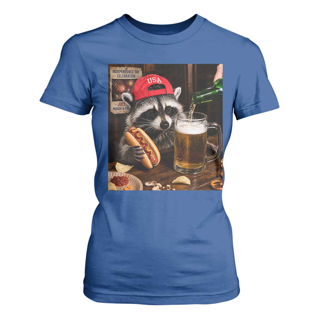 Patriotic USA Raccoon Drinking Beer T Shirt For Women 4th of July Meme