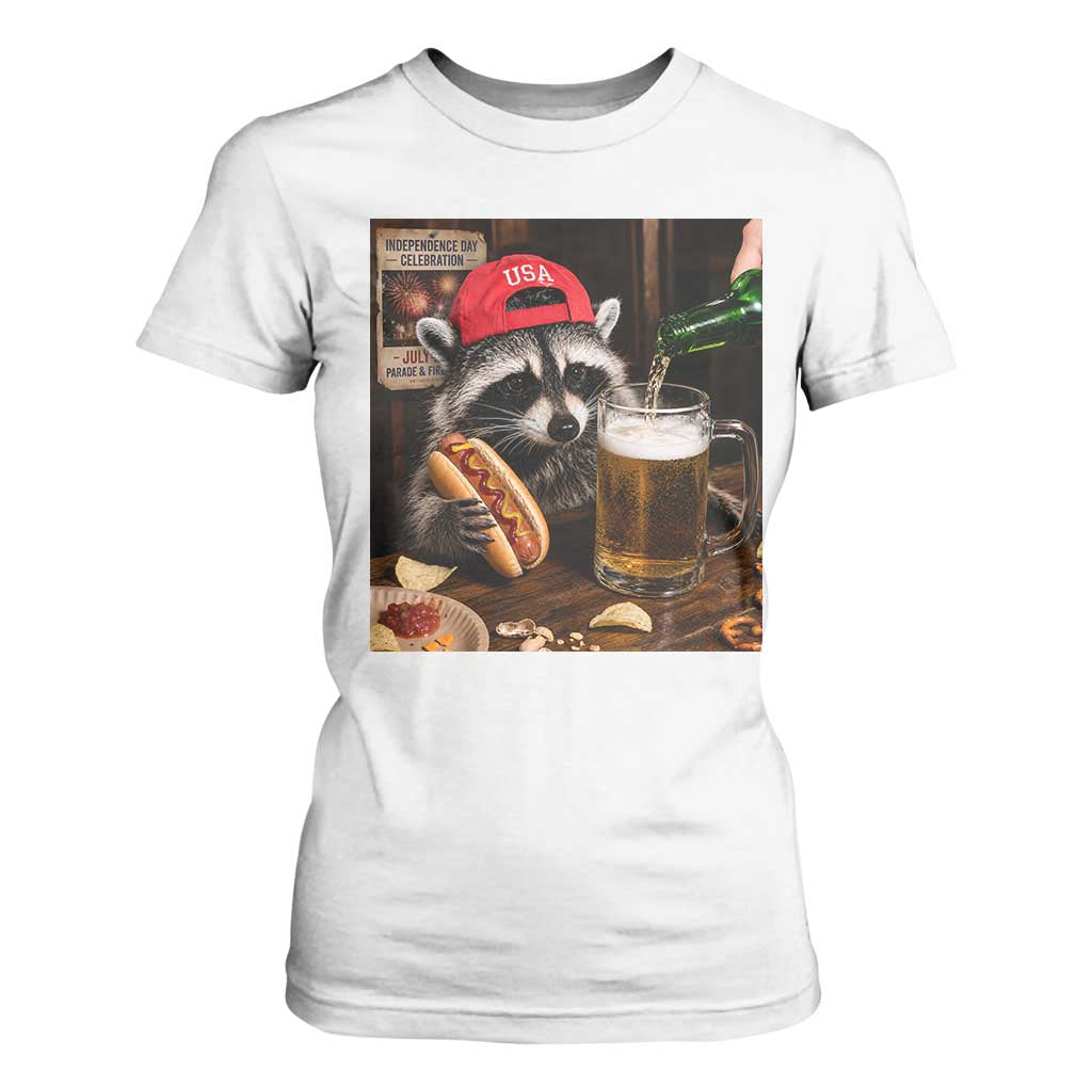 Patriotic USA Raccoon Drinking Beer T Shirt For Women 4th of July Meme