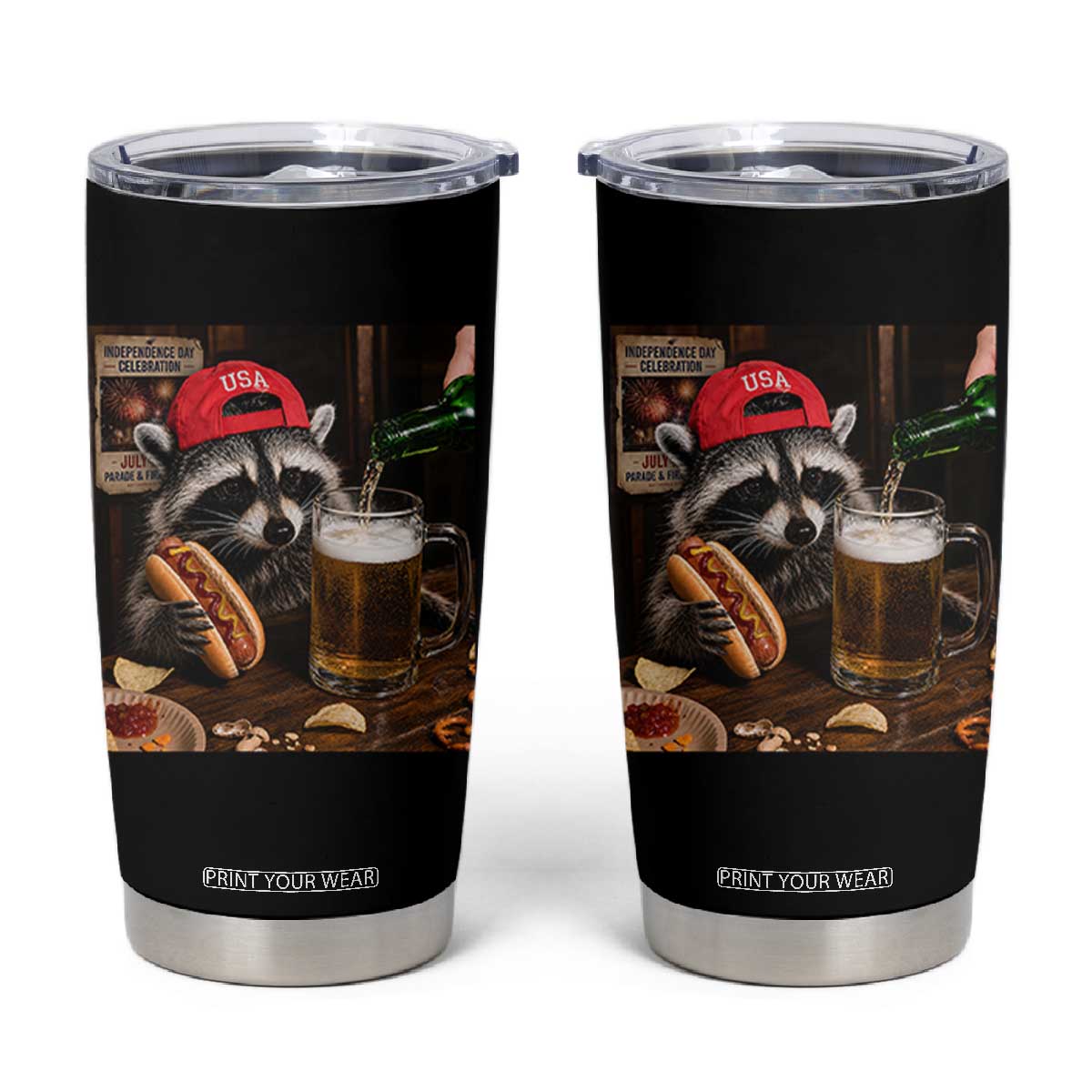 Patriotic USA Raccoon Drinking Beer Tumbler Cup 4th of July Meme