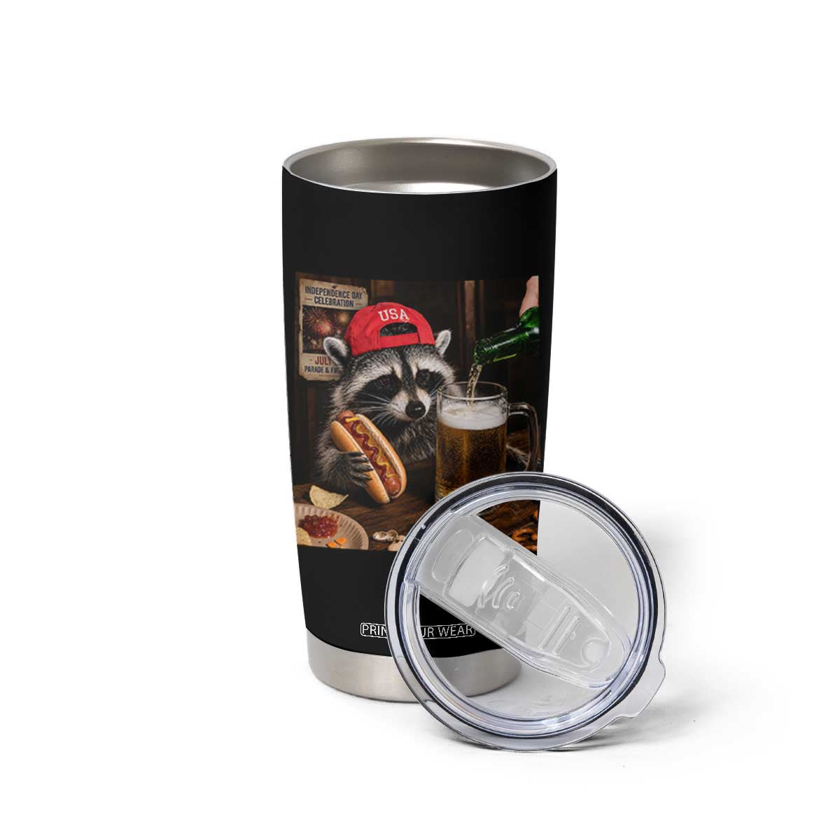 Patriotic USA Raccoon Drinking Beer Tumbler Cup 4th of July Meme