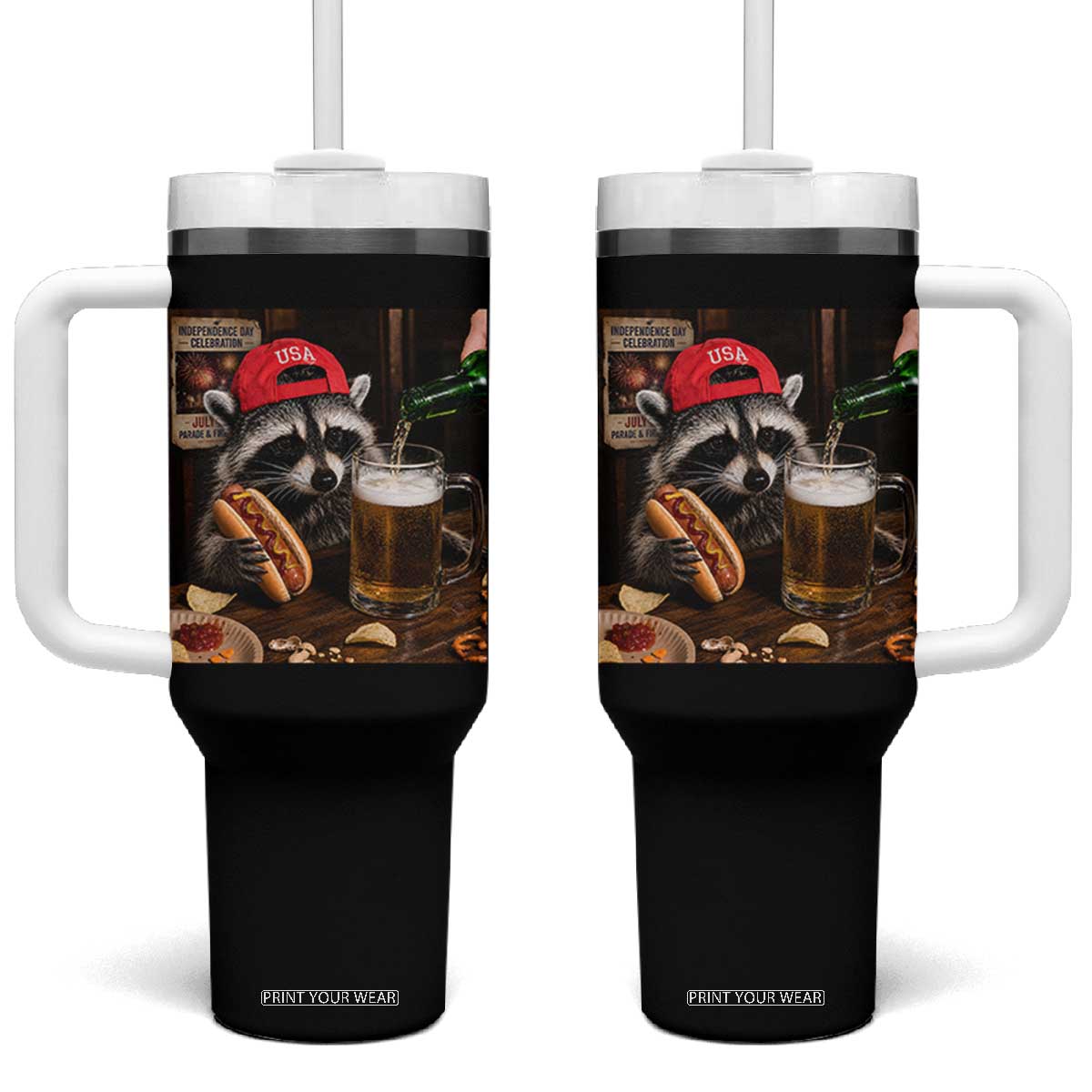 Patriotic USA Raccoon Drinking Beer Tumbler With Handle 4th of July Meme