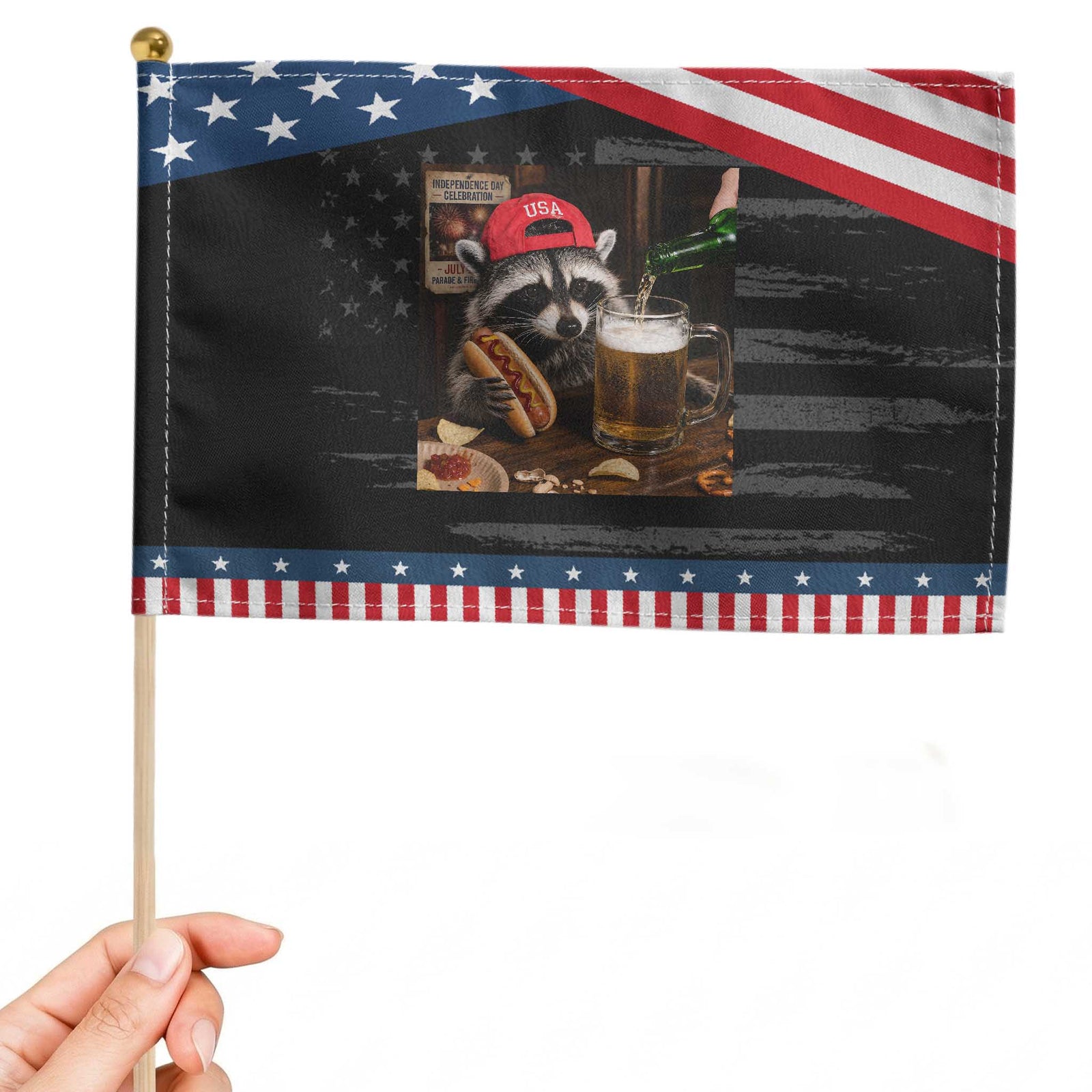 Raccoon Drinking Beer Patriotic Handheld Flag 4th of July Meme TS14 Distressed 8.2