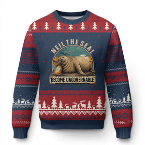 Neil The Seal Become Ungovernable Ugly Christmas Sweater Funny Elephant Seal Meme TS14 Navy Red Print Your Wear