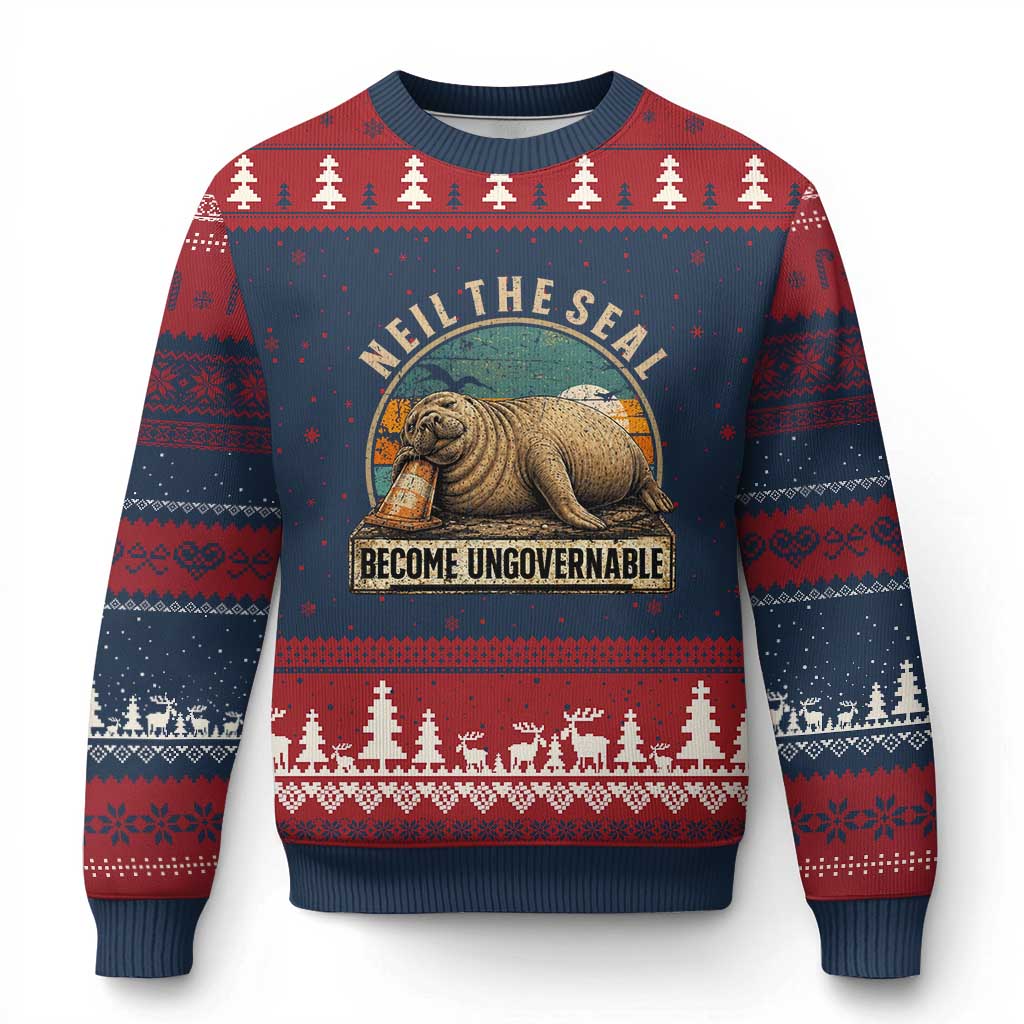 Neil The Seal Become Ungovernable Ugly Christmas Sweater Funny Elephant Seal Meme TS14 Navy Red Print Your Wear