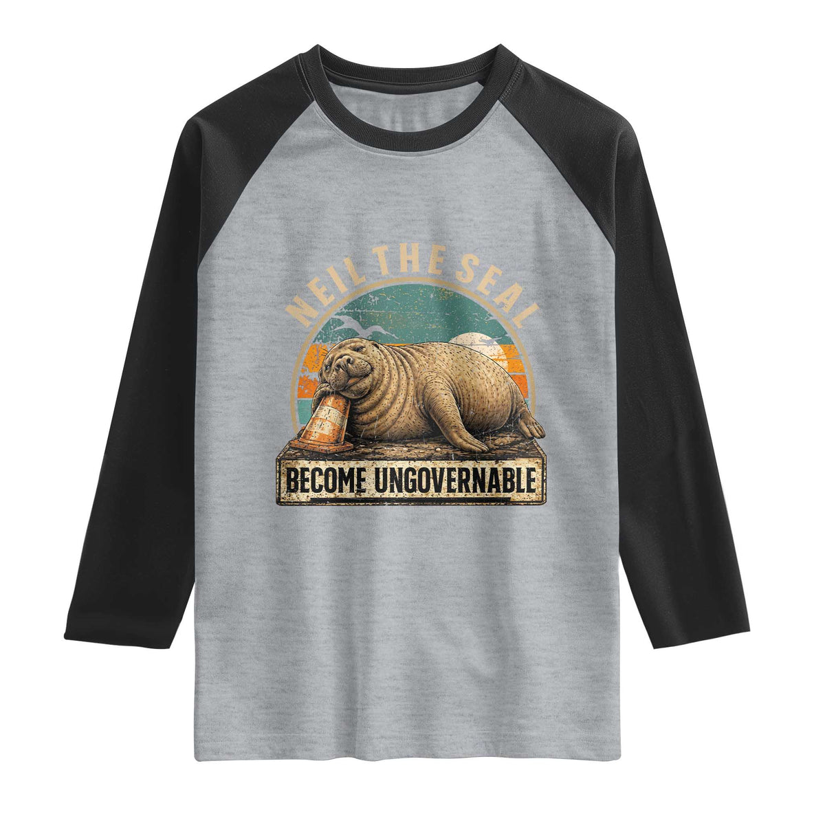 Neil The Seal Become Ungovernable Raglan Shirt Funny Elephant Seal Meme TS14 Heather Gray Black Print Your Wear