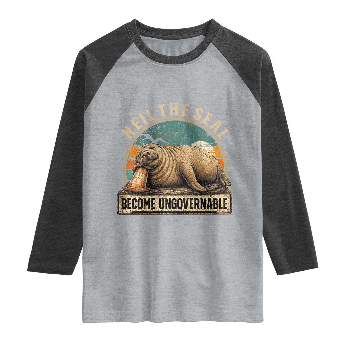 Neil The Seal Become Ungovernable Raglan Shirt Funny Elephant Seal Meme TS14 Heather Gray Heather Charcoal Print Your Wear