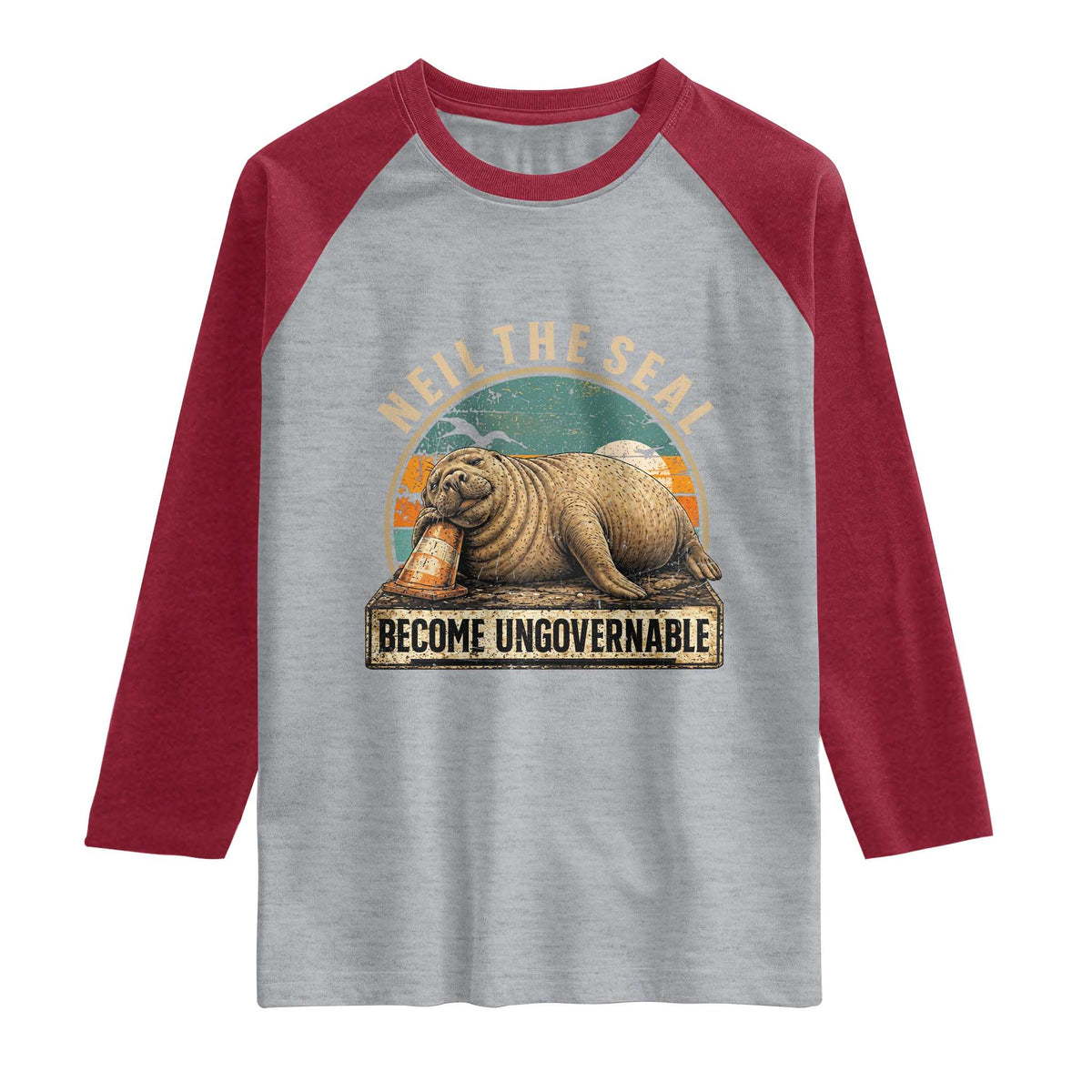 Neil The Seal Become Ungovernable Raglan Shirt Funny Elephant Seal Meme TS14 Heather Gray Heather Red Print Your Wear