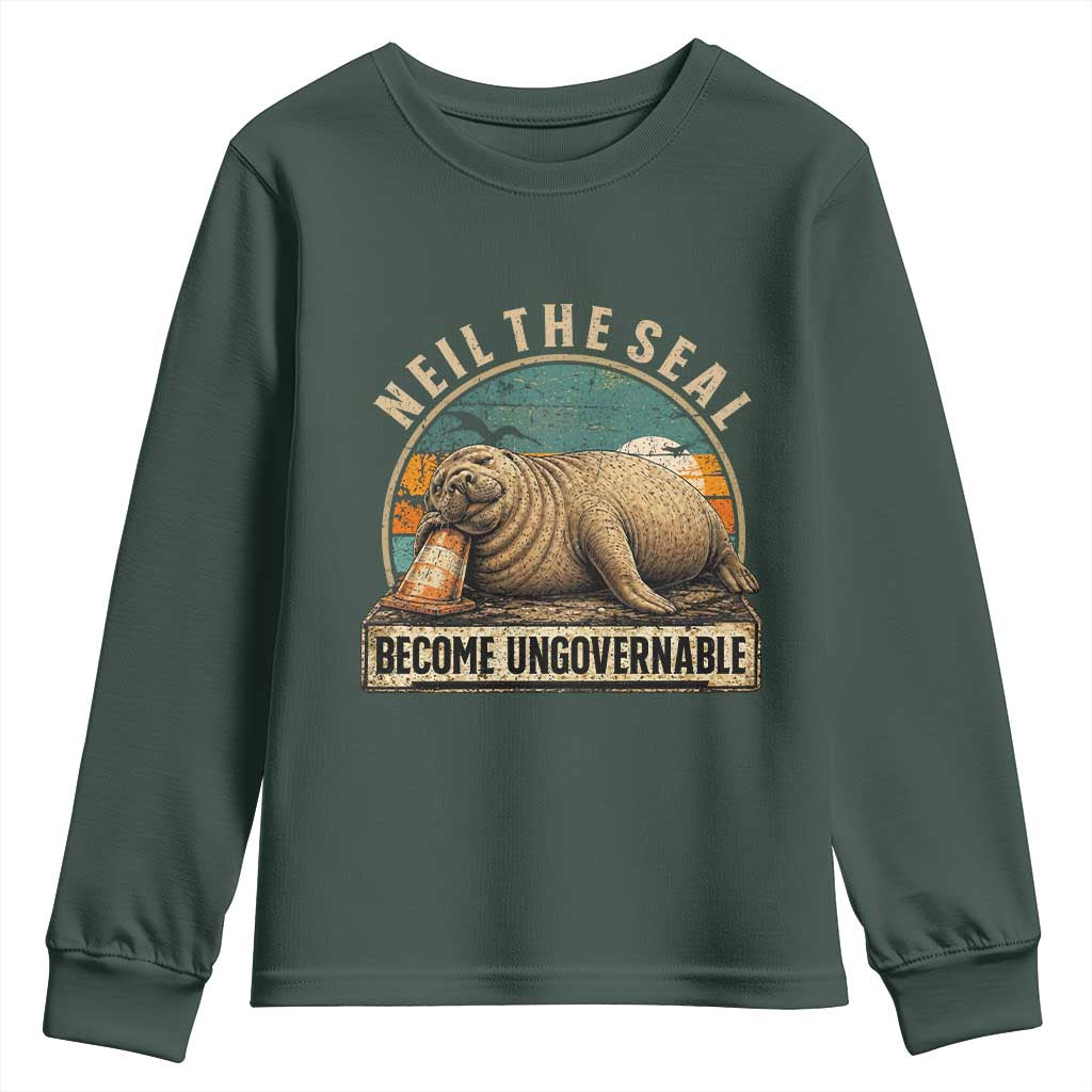 Neil The Seal Become Ungovernable Youth Sweatshirt Funny Elephant Seal Meme TS14 Dark Forest Green Print Your Wear