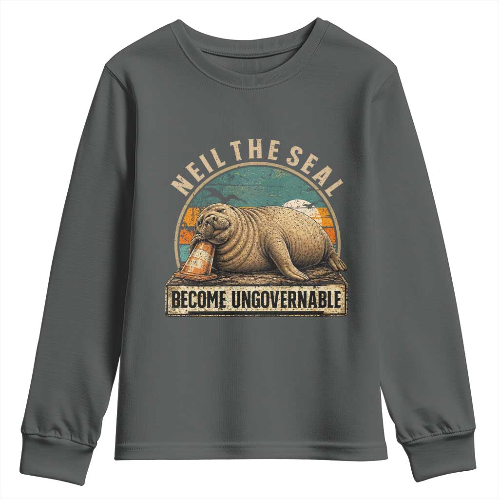 Neil The Seal Become Ungovernable Youth Sweatshirt Funny Elephant Seal Meme TS14 Dark Heather Print Your Wear