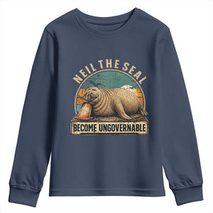 Neil The Seal Become Ungovernable Youth Sweatshirt Funny Elephant Seal Meme TS14 Navy Print Your Wear