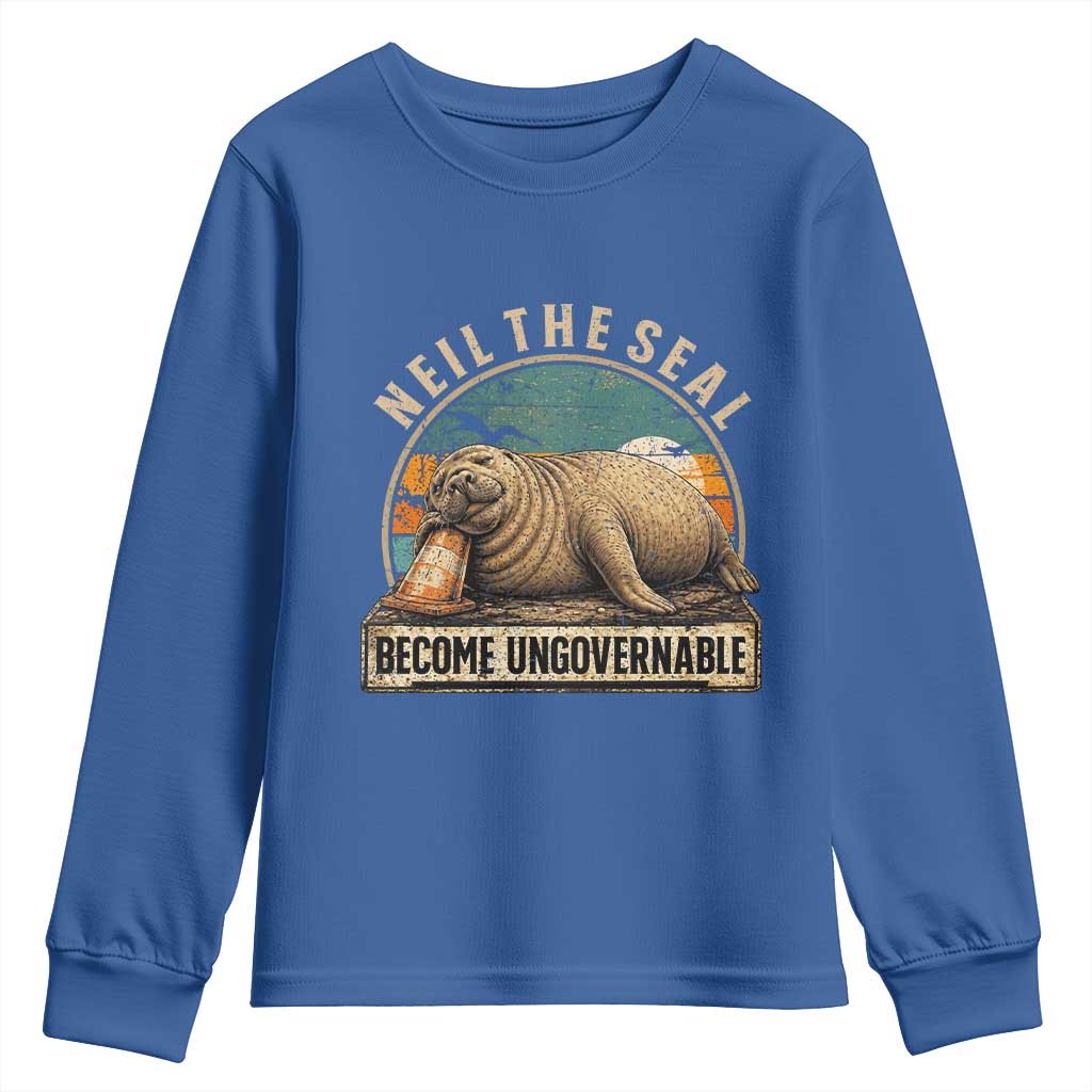 Neil The Seal Become Ungovernable Youth Sweatshirt Funny Elephant Seal Meme TS14 Royal Blue Print Your Wear