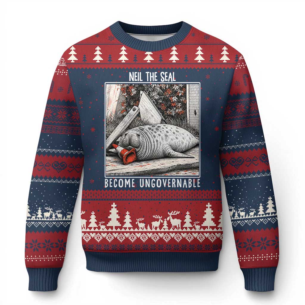 Neil The Seal Become Ungovernable Ugly Christmas Sweater Vintage Elephant Seal Animal Meme TS14 Navy Red Print Your Wear