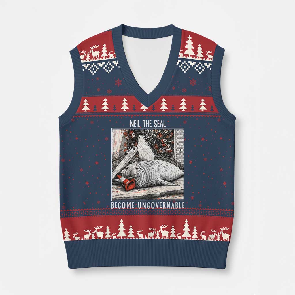 Neil The Seal Become Ungovernable V-Neck Knit Sweater Vest Vintage Elephant Seal Animal Meme TS14 Navy Red Print Your Wear