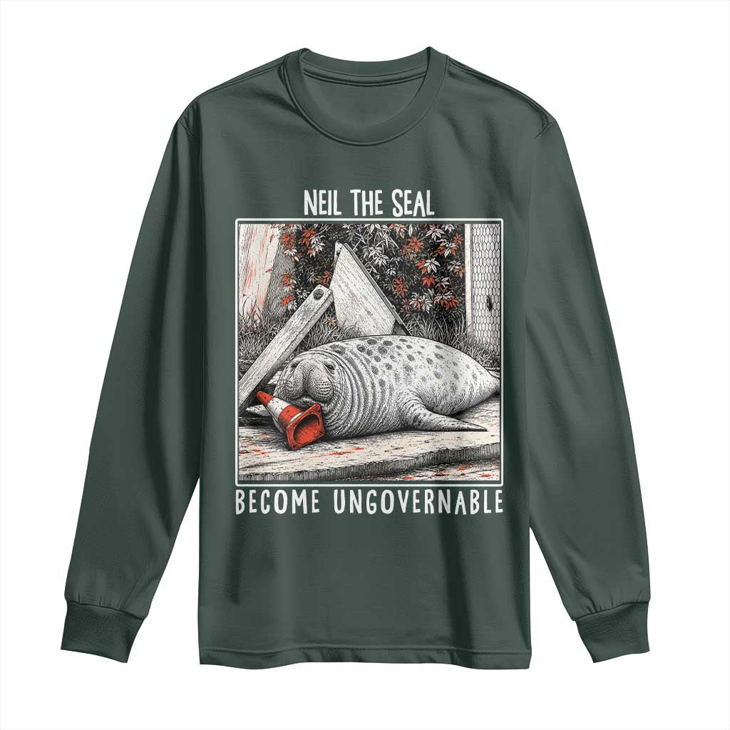 Neil The Seal Become Ungovernable Long Sleeve Shirt Vintage Elephant Seal Animal Meme TS14 Dark Forest Green Print Your Wear