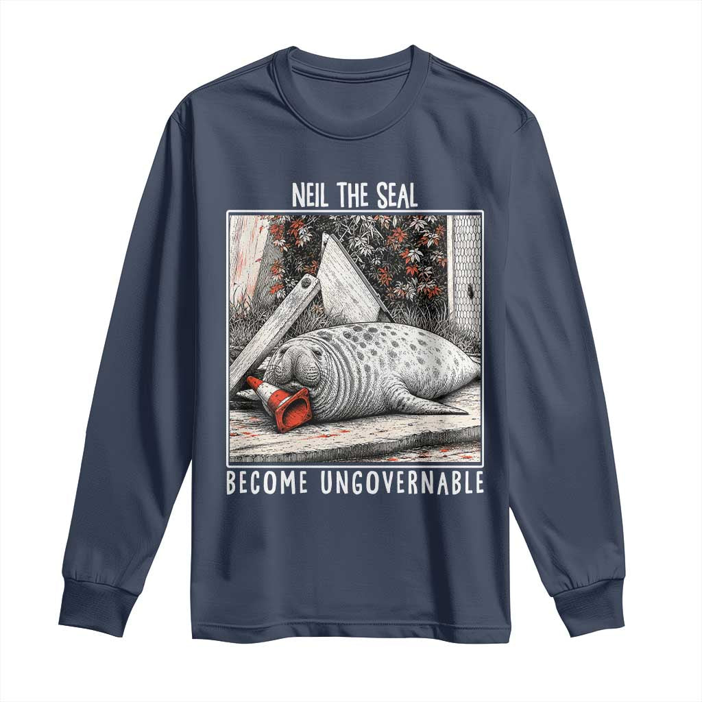 Neil The Seal Become Ungovernable Long Sleeve Shirt Vintage Elephant Seal Animal Meme TS14 Navy Print Your Wear