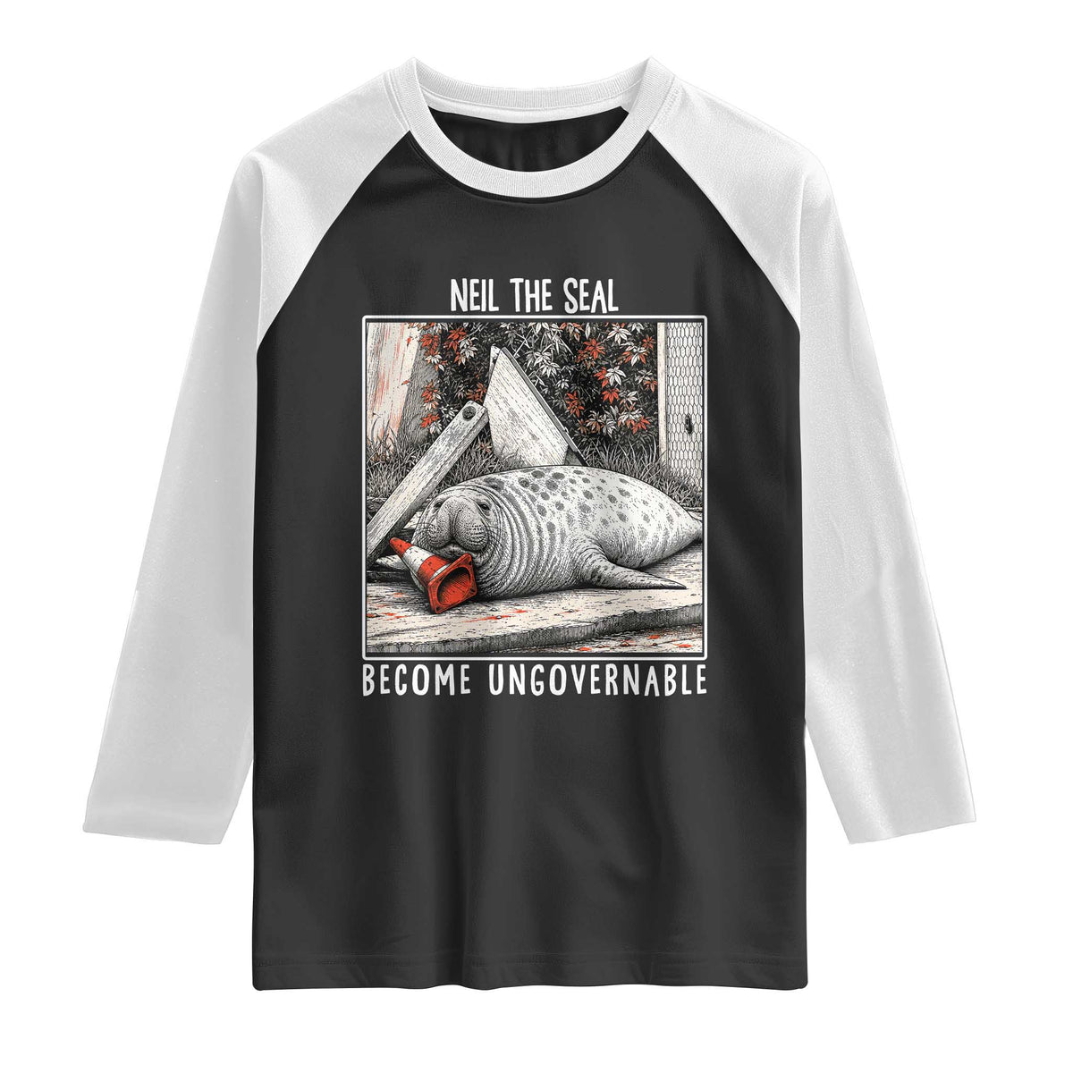 Neil The Seal Become Ungovernable Raglan Shirt Vintage Elephant Seal Animal Meme TS14 Black White Print Your Wear