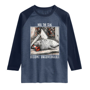 Neil The Seal Become Ungovernable Raglan Shirt Vintage Elephant Seal Animal Meme TS14 Heather Denim Navy Print Your Wear
