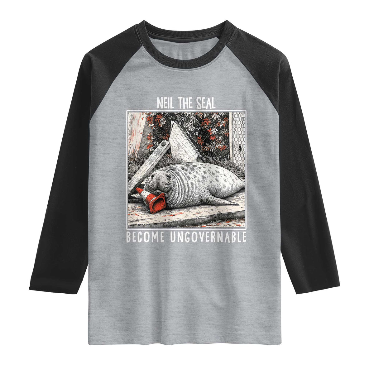 Neil The Seal Become Ungovernable Raglan Shirt Vintage Elephant Seal Animal Meme TS14 Heather Gray Black Print Your Wear