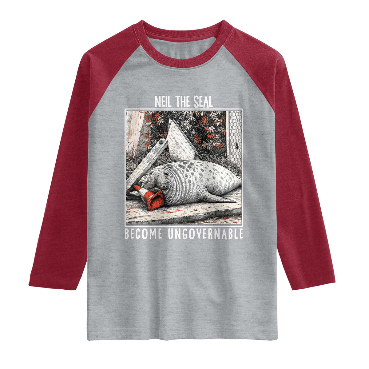 Neil The Seal Become Ungovernable Raglan Shirt Vintage Elephant Seal Animal Meme TS14 Heather Gray Heather Red Print Your Wear