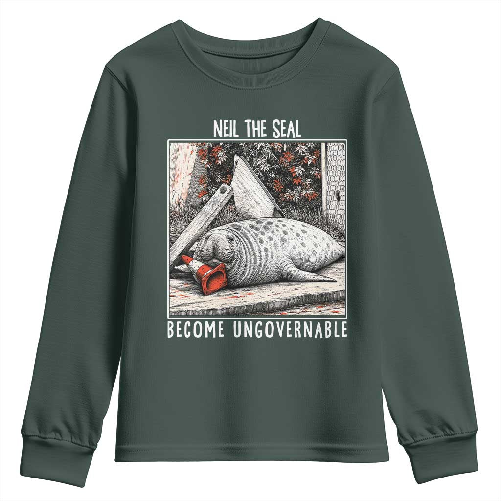 Neil The Seal Become Ungovernable Youth Sweatshirt Vintage Elephant Seal Animal Meme TS14 Dark Forest Green Print Your Wear