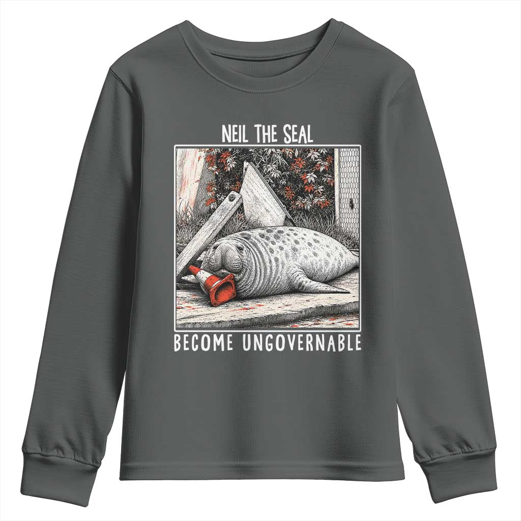 Neil The Seal Become Ungovernable Youth Sweatshirt Vintage Elephant Seal Animal Meme TS14 Dark Heather Print Your Wear