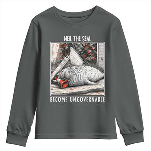 Neil The Seal Become Ungovernable Youth Sweatshirt Vintage Elephant Seal Animal Meme TS14 Dark Heather Print Your Wear