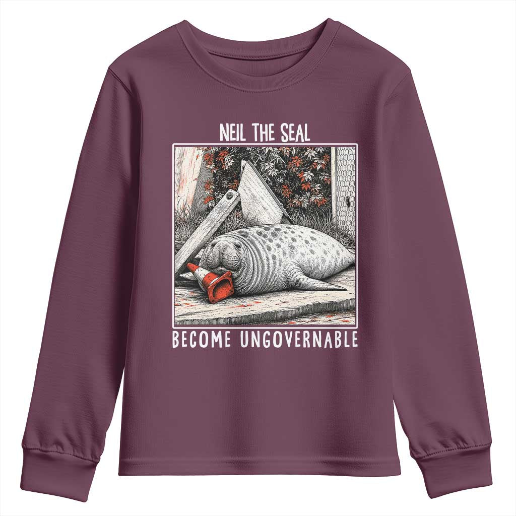 Neil The Seal Become Ungovernable Youth Sweatshirt Vintage Elephant Seal Animal Meme TS14 Maroon Print Your Wear