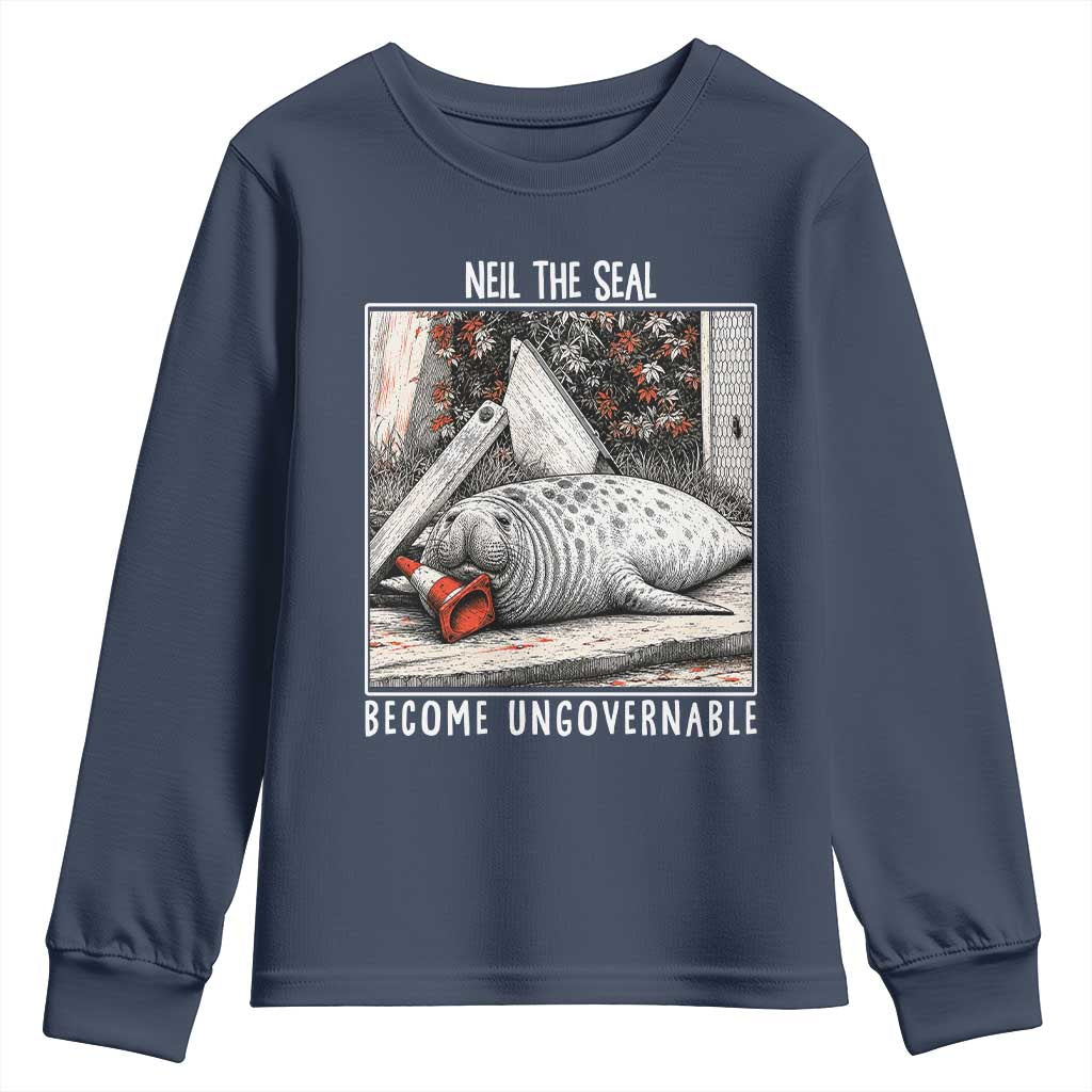 Neil The Seal Become Ungovernable Youth Sweatshirt Vintage Elephant Seal Animal Meme TS14 Navy Print Your Wear