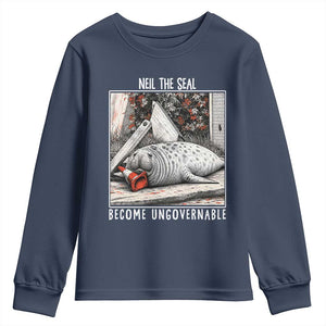 Neil The Seal Become Ungovernable Youth Sweatshirt Vintage Elephant Seal Animal Meme TS14 Navy Print Your Wear