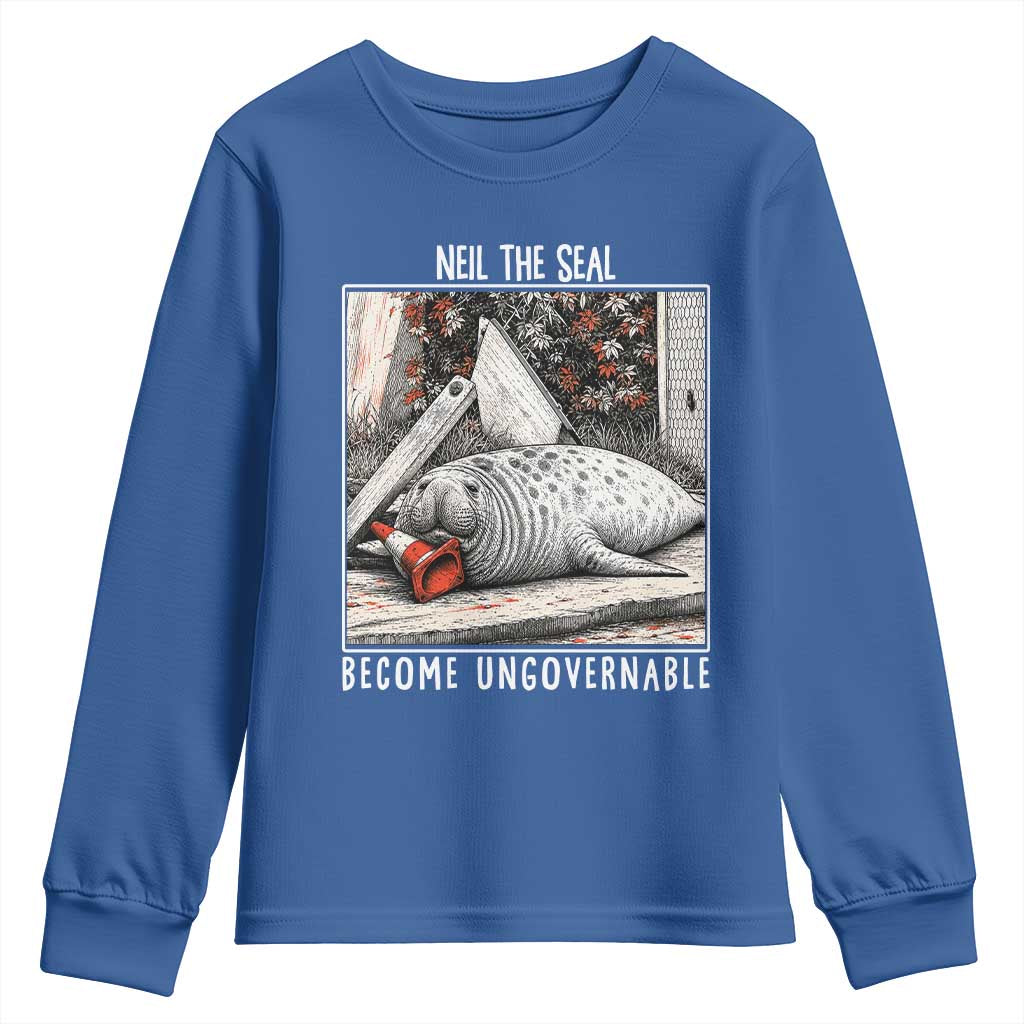 Neil The Seal Become Ungovernable Youth Sweatshirt Vintage Elephant Seal Animal Meme TS14 Royal Blue Print Your Wear