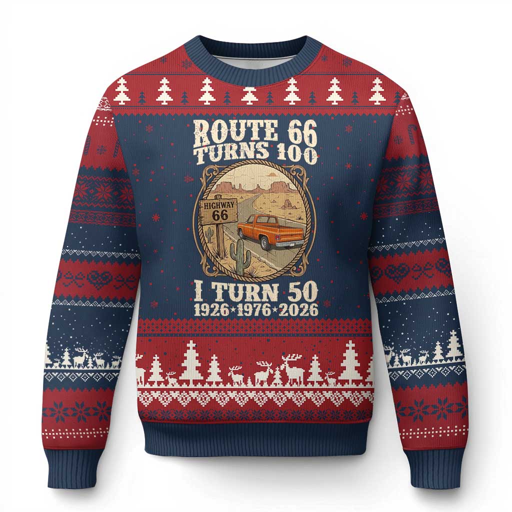 Highway 66 Turn 100 I Turn 50 Ugly Christmas Sweater Vintage 100 Years 100 Year Centennial Anniversary Souvenir 1926-2026 TS14 Navy Red Print Your Wear