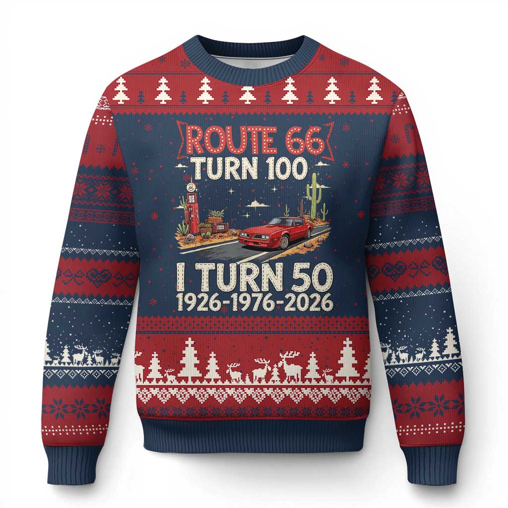 Highway 66 Turn 100 I Turn 50 Ugly Christmas Sweater Vintage 1976 Road Sign Classic Muscle Car Lover 50 Year Old Gift TS14 Navy Red Print Your Wear
